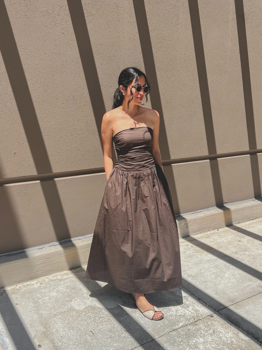Strapless Brown Midi Dress - Drop Waist
